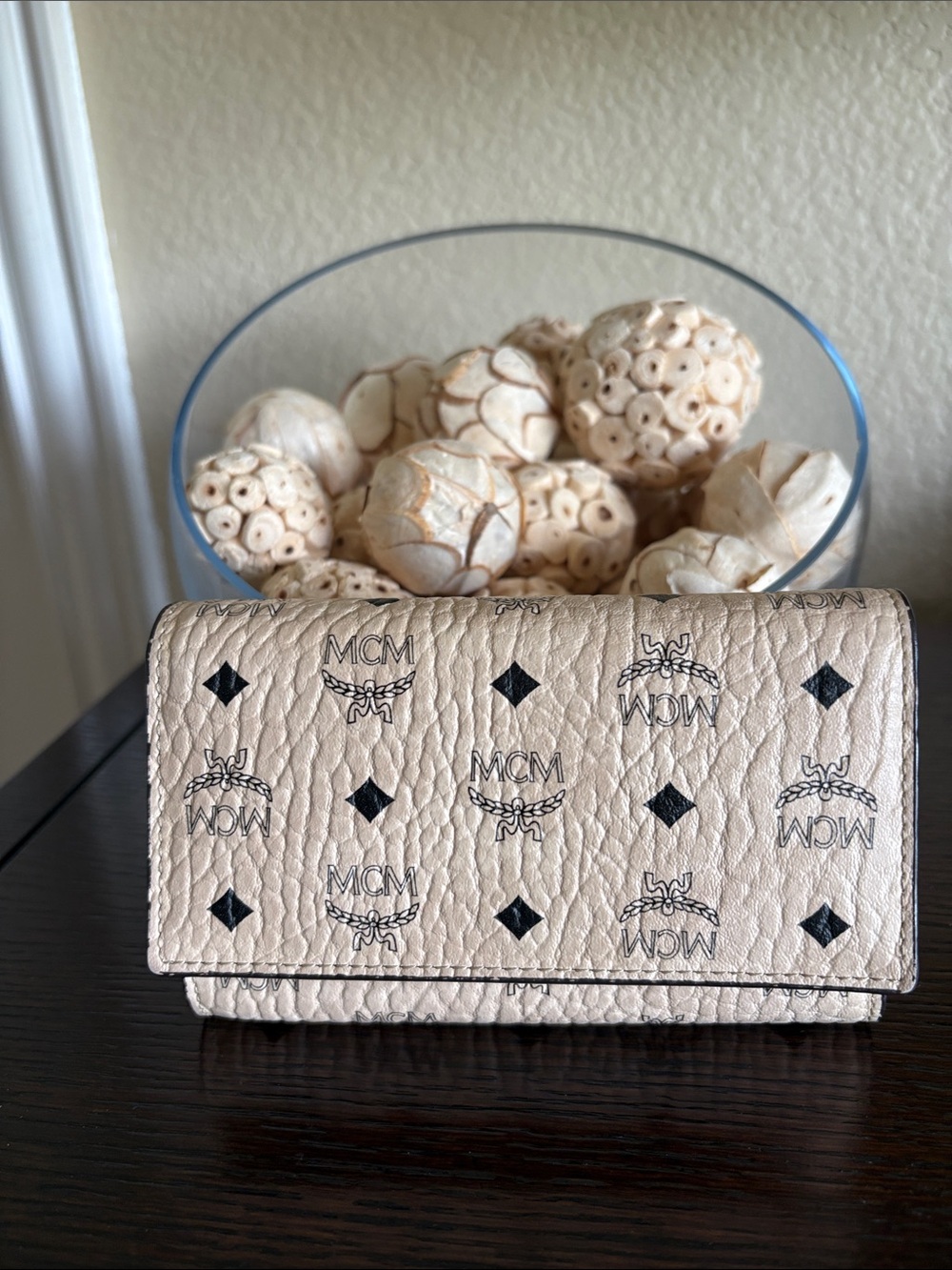 MCM Visetos Long Trifold Wallet in Beige